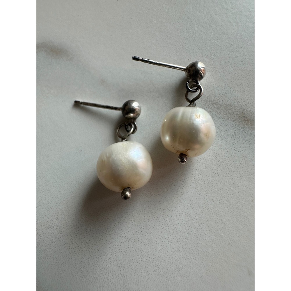 Vintage Sterling Silver Freshwater Pearl Drop Earrings Ball Post Dangle 925